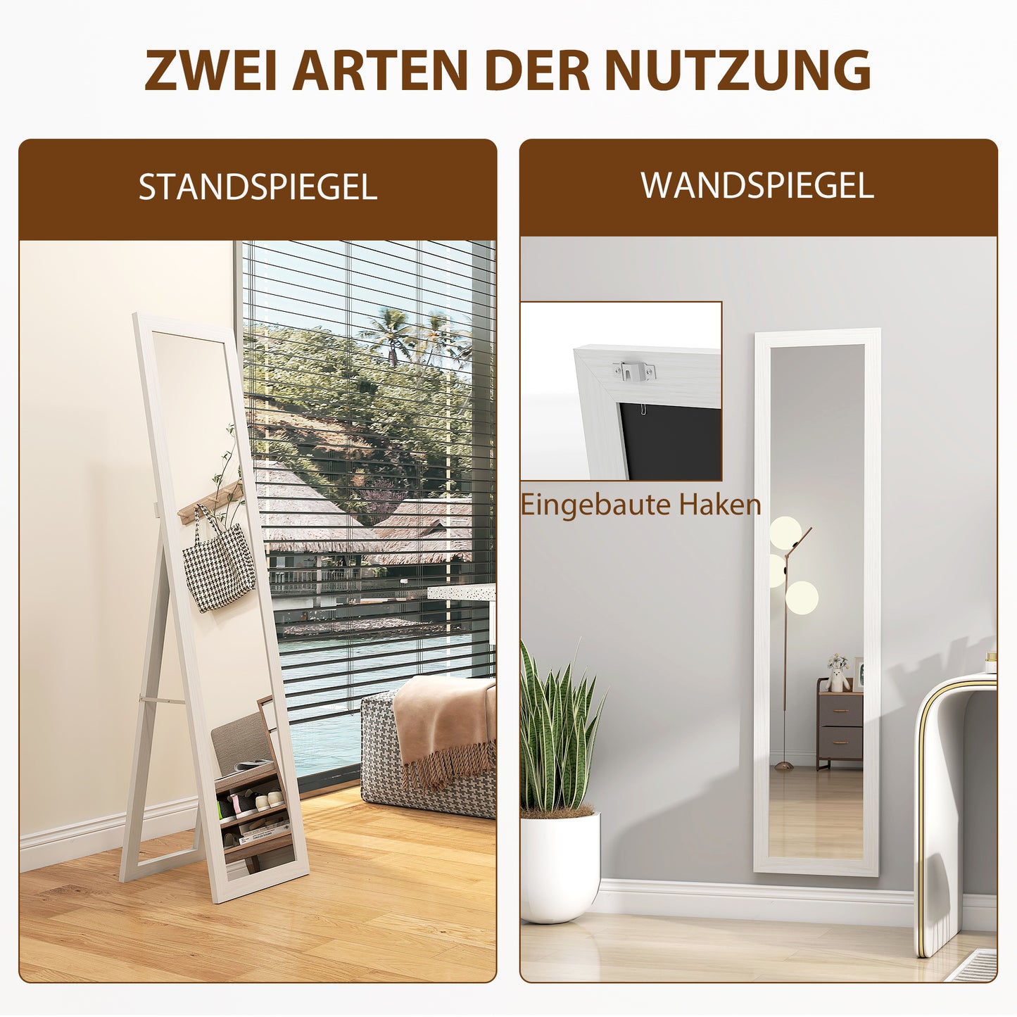 HOMCOM Standspiegel, Ganzkörperspiegel mit Ständer, freistehender Wandspiegel, 37 x 157 cm, Weiß