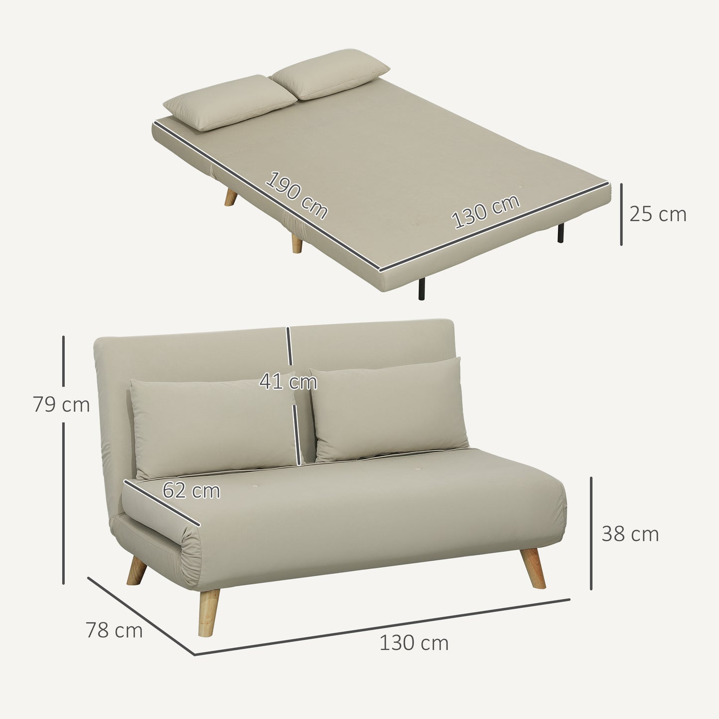 HOMCOM Schlafsofa Relaxsofa Sofa Couch, inkl. 2 Kissen, Samtoptik, 130 x 78 x 79 cm, Beige