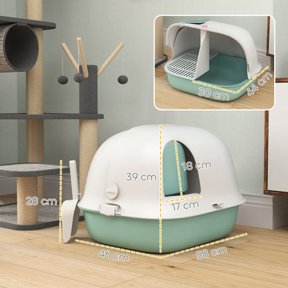 PawHut Katzentoilette mit Deckel, Katzenklo mit internem Kanal, Tür, Schaufel, leicht zu reinigen, Kunststoff, Grün