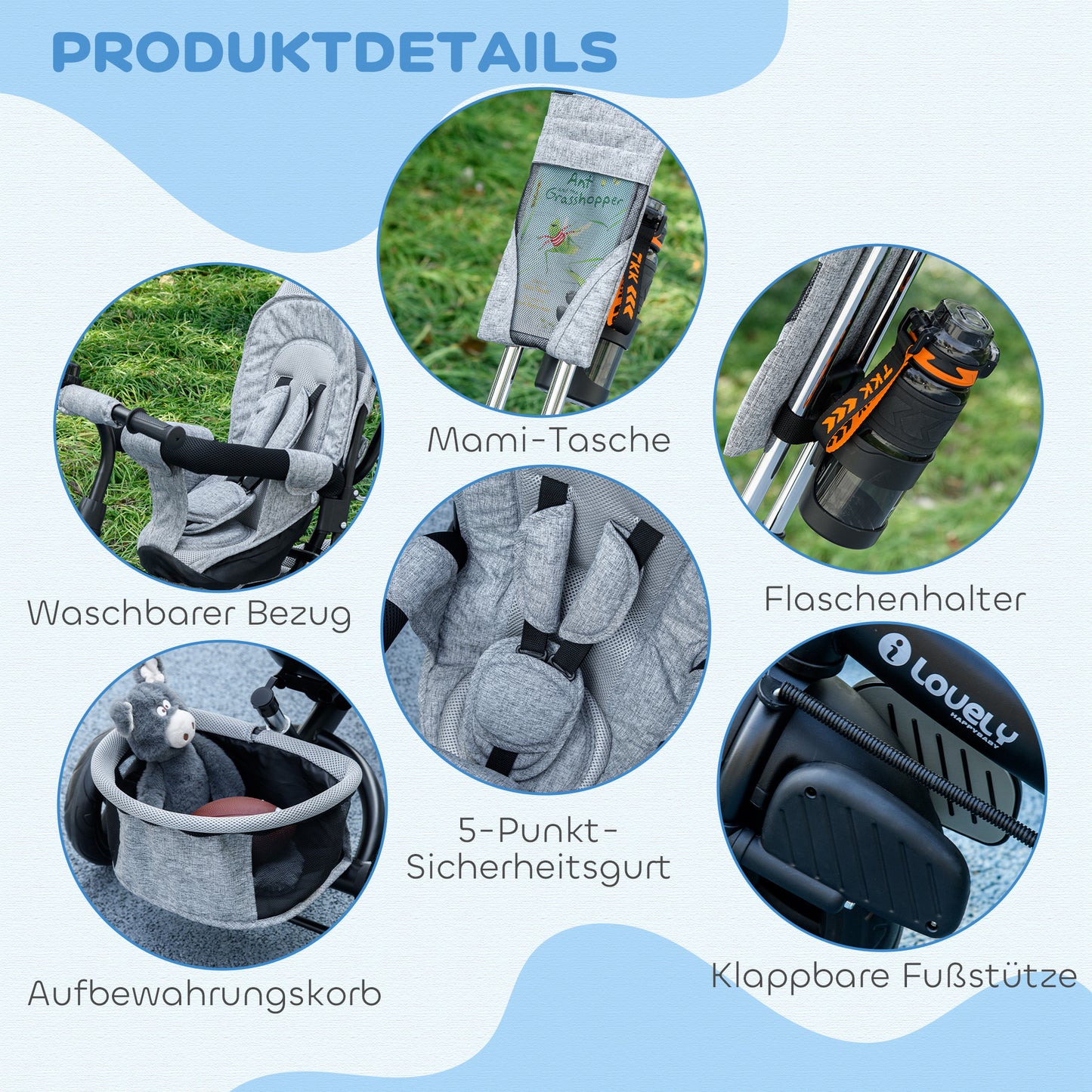 HOMCOM Kinder-Dreirad, Kinderfahrrad, Rückenkorb, Becherhalter, Sonnendach, Metall, Grau