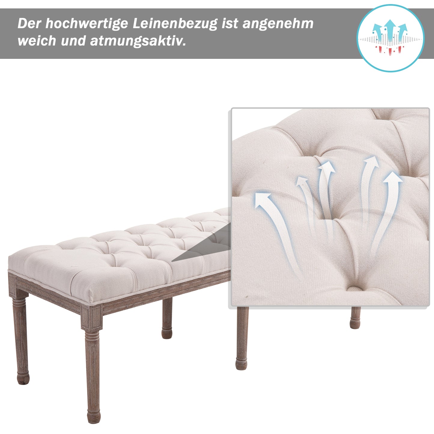 HOMCOM Polsterbank Sitzbank Lounge Sitzhocker Vintage Retro mit Knöpfen Leinen + Holz beige 142 x 47 x 51 cm