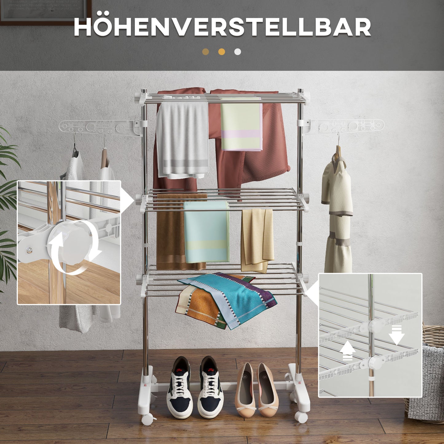 HOMCOM Mobiler Wäscheständer, Wäschetrockner, 3 Ebenen, klappbar, Silber + Weiß