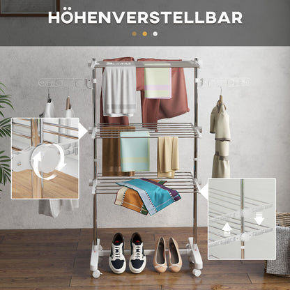 HOMCOM Mobiler Wäscheständer, Wäschetrockner, 3 Ebenen, klappbar, Silber + Weiß