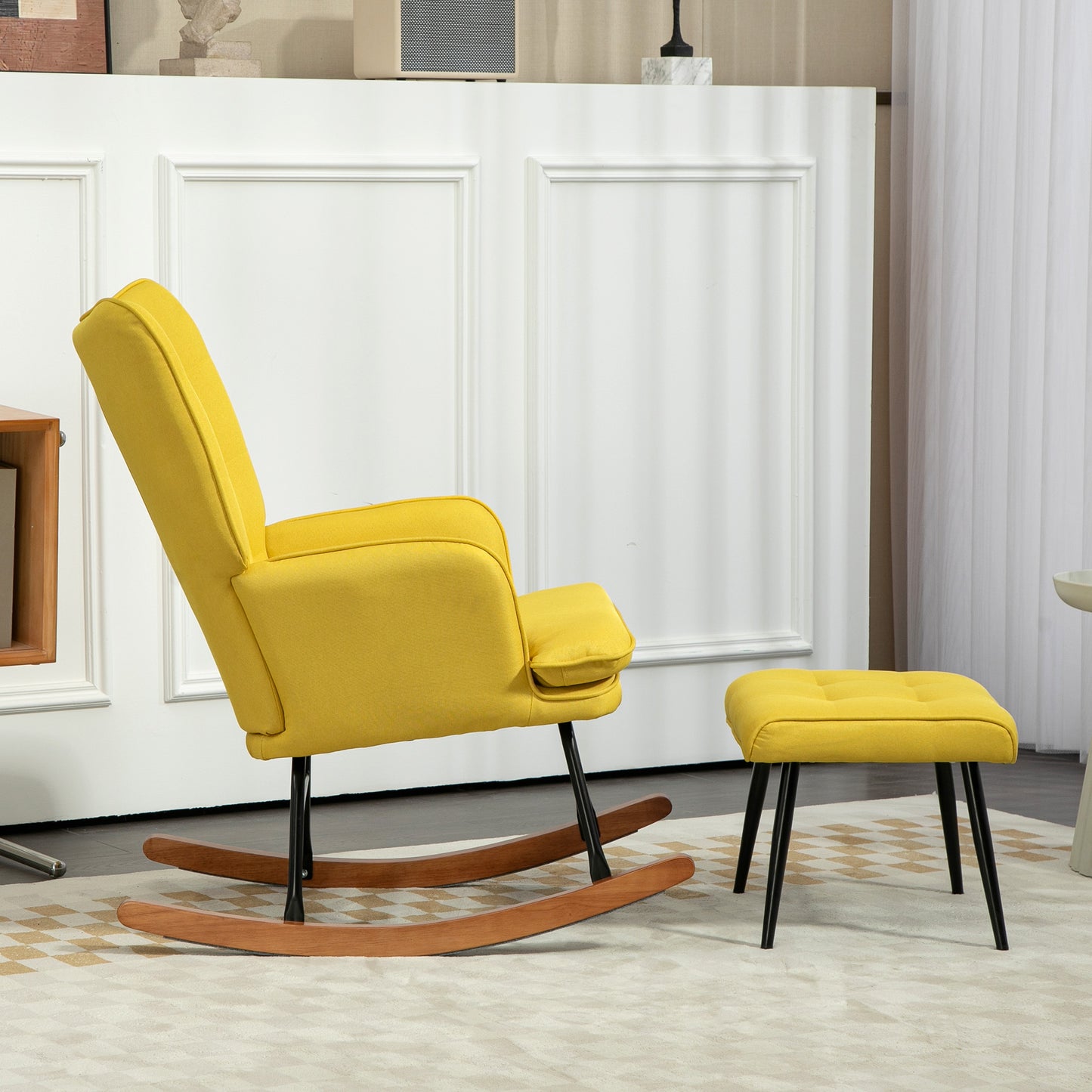 HOMCOM Schaukelstuhl mit Ottomane Skandidesign Schaukelstuhl mit Fußhocker, Buchenholz, Steppung, 64 cm x 89 cm x 90 cm Gelb