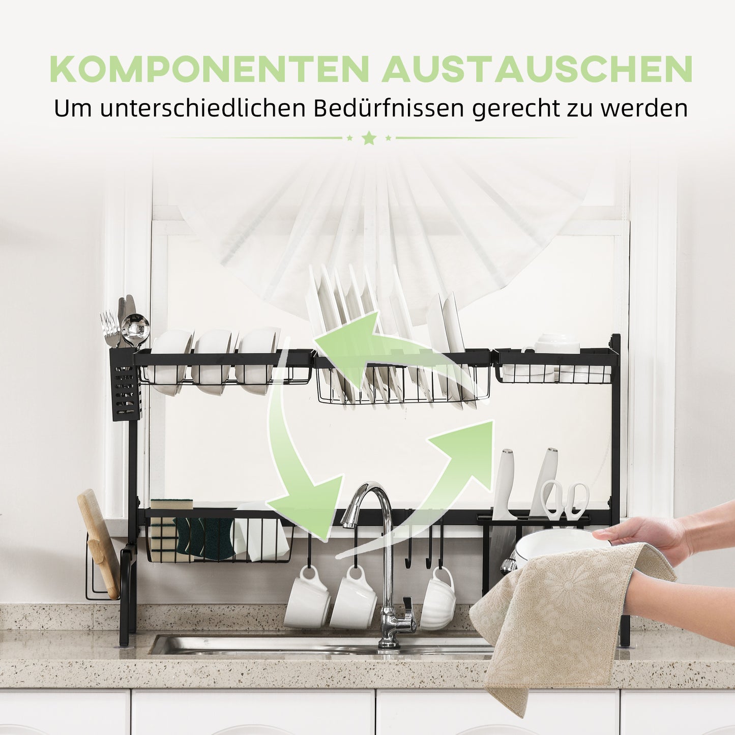 HOMCOM Abtropfgestell, längenverstellbar 51-93 cm, viele Elemente, flexible Anordnung, 93 x 30 x 52cm, schwarz