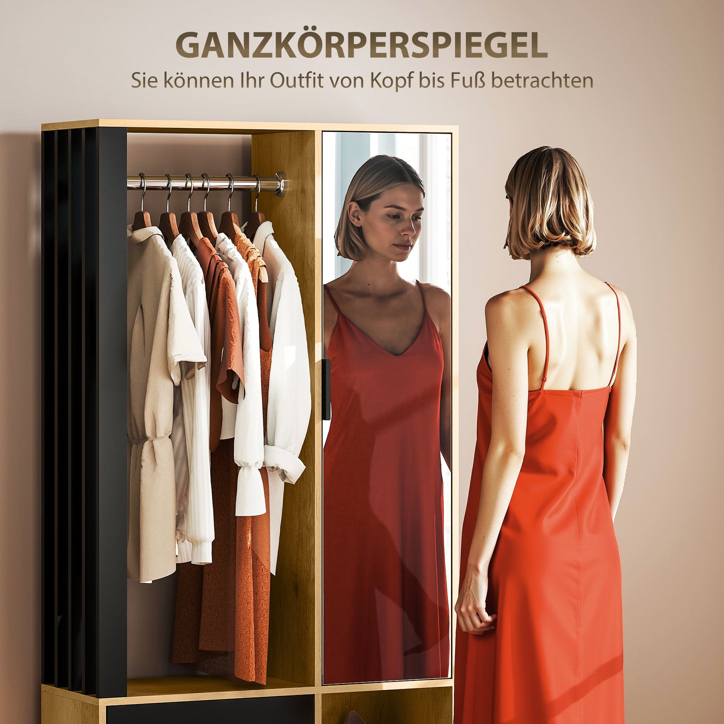 HOMCOM Kleiderschrank mit Spiegel und Hängestange, Aufbewahrungsfächer, offene Ablageflächen, Naturholz, Schwarz