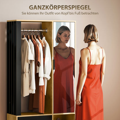 HOMCOM Kleiderschrank mit Spiegel und Hängestange, Aufbewahrungsfächer, offene Ablageflächen, Naturholz, Schwarz