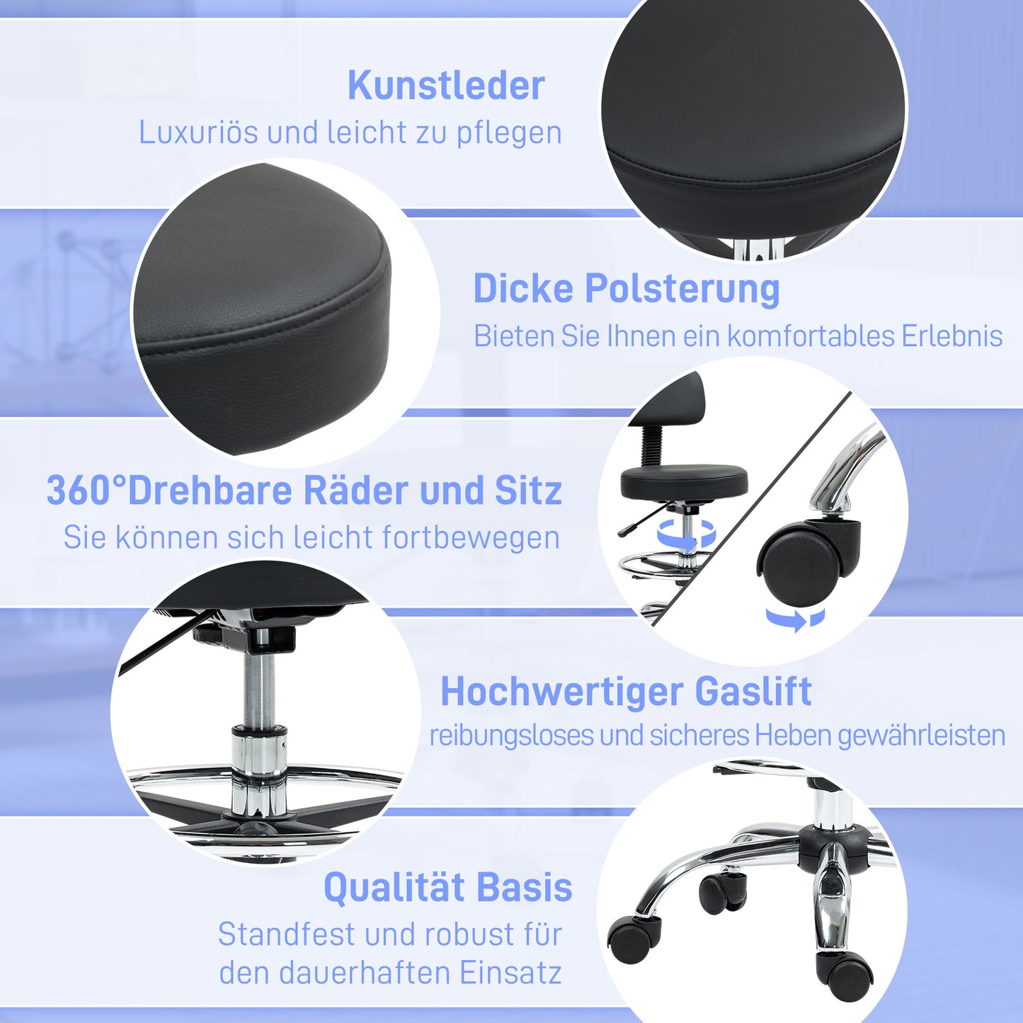 HOMCOM Bürostuhl, Kompakter Drehstuhl, höhenverstellbar, mit Fußstütze, 360° drehbar, Kunstleder, Metall, Schwarz