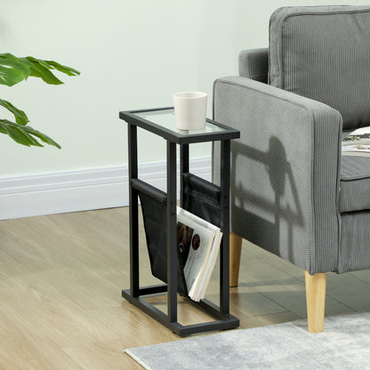 HOMCOM Beistelltisch aus Metall mit Stofftasche und Glasplatte, schmaler Tisch für Wohnzimmer, Schlafzimmer, Schwarz