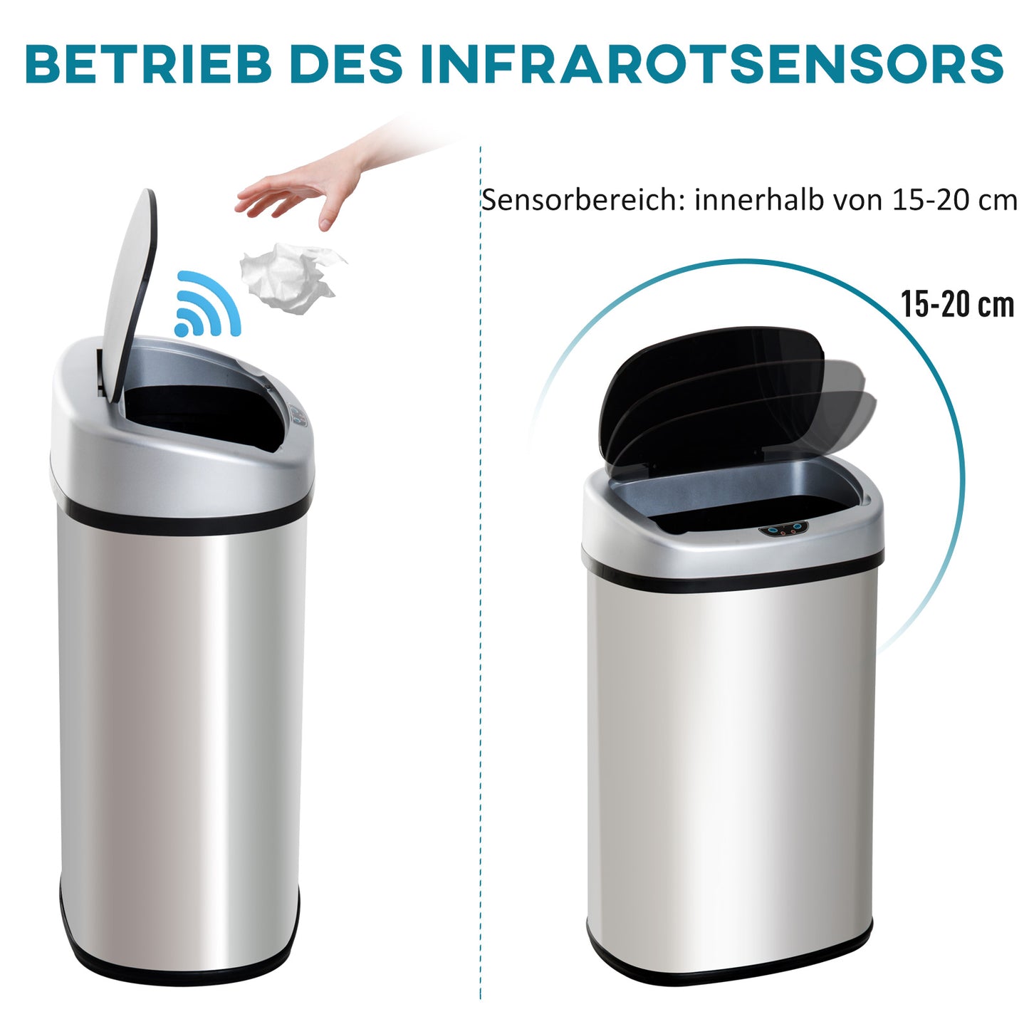 HOMCOM Sensor Mülleimer 30L Edelstahl Automatischer Mülleimer mit Bewegungssensor, Abfalleimer Müllbehälter Abfallbehälter für Büro, Schlafzimmer, Küchen Silber