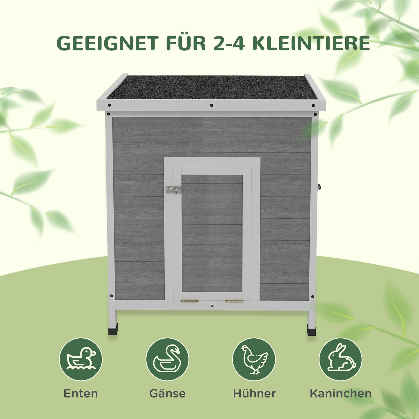 PawHut Entenstall, Entenhaus mit Seitentür, Belüftungslöchern, Geflügelstall Hühnerhaus aus Tannenholz, Gänsestall, Hühnerstall mit wasserdichtem Asphaltdach, 63 x 82 x 76 cm, Hellgrau