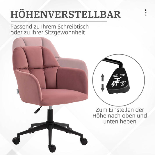 Vinsetto Bürostuhl, ergonomisch, höhenverstellbar, drehbar, Samtoptik, bis 120 kg, Rosa