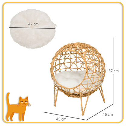 Pawhut Rattan Katzenkorb Katzenhöhle Katzenhütte Katzenbett mit Kissen erhöhtes Design Haustierbett Braun Ø45 x 57H cm