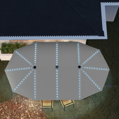 Outsunny Doppelschirm mit Solar-Lichtern, Aluminium, Polyester, UPF50+ Schutz, UV-beständig, Terrassenschirm, Dunkelgrau