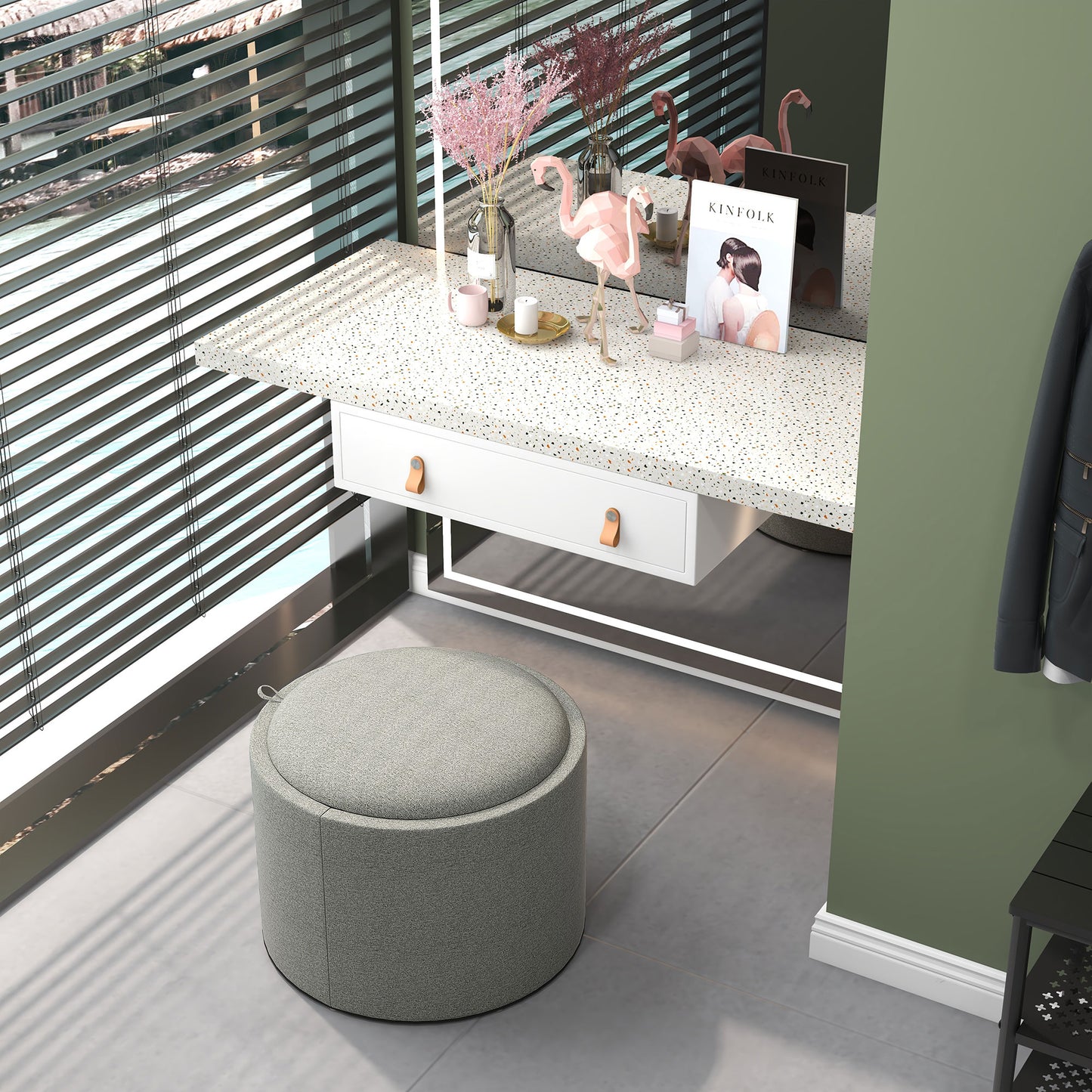 HOMCOM Hocker Polsterhocker, Leinen, versteckter Stauraum, umkehrbarer Deckel, 5 6cm x 56 cm x 42 cm, Grau + Natur