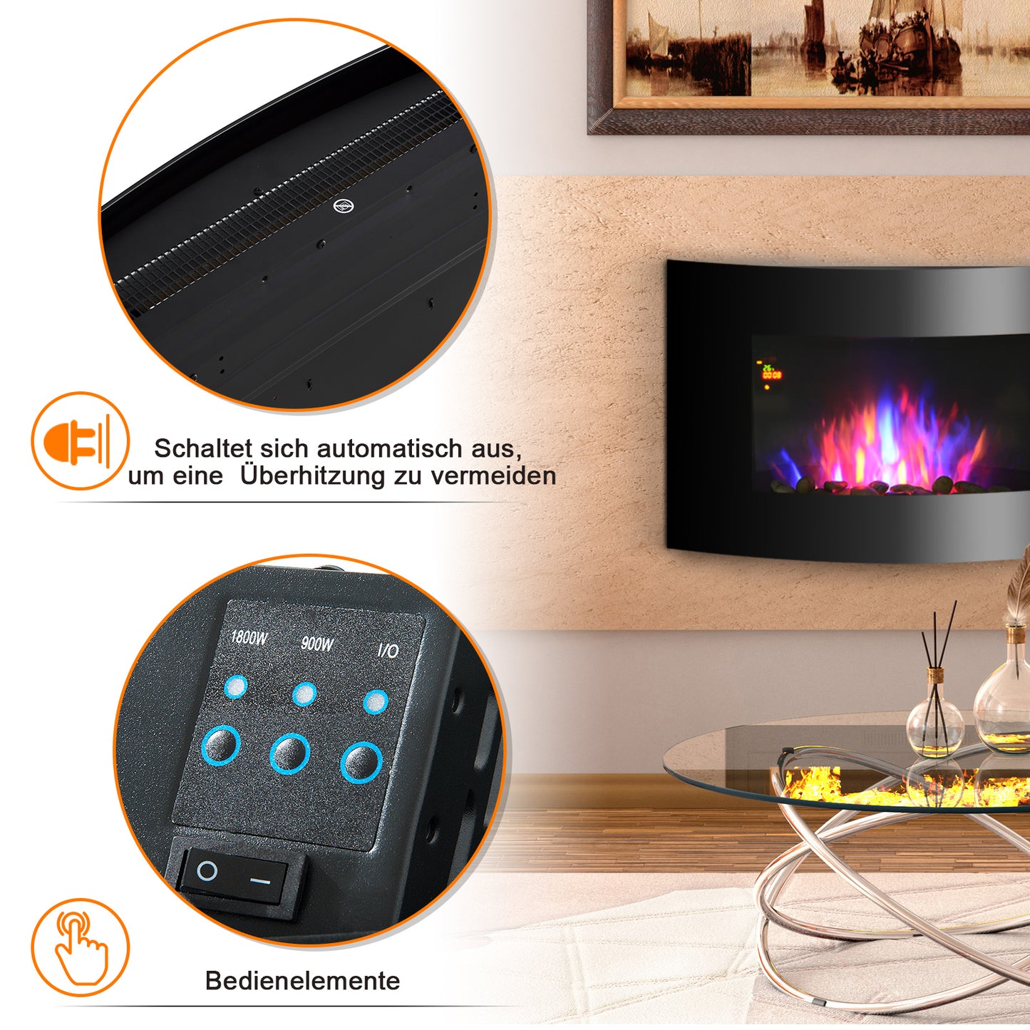 HOMCOM Elektrokamin mit Heizung, elektrischer Kamin mit 3D Flammeneffekt, 7 Flammenfarben, 900/1800 W, Wandkamin mit Timer, Dekokamin mit Fernbedienung, Schwarz, 65 cm