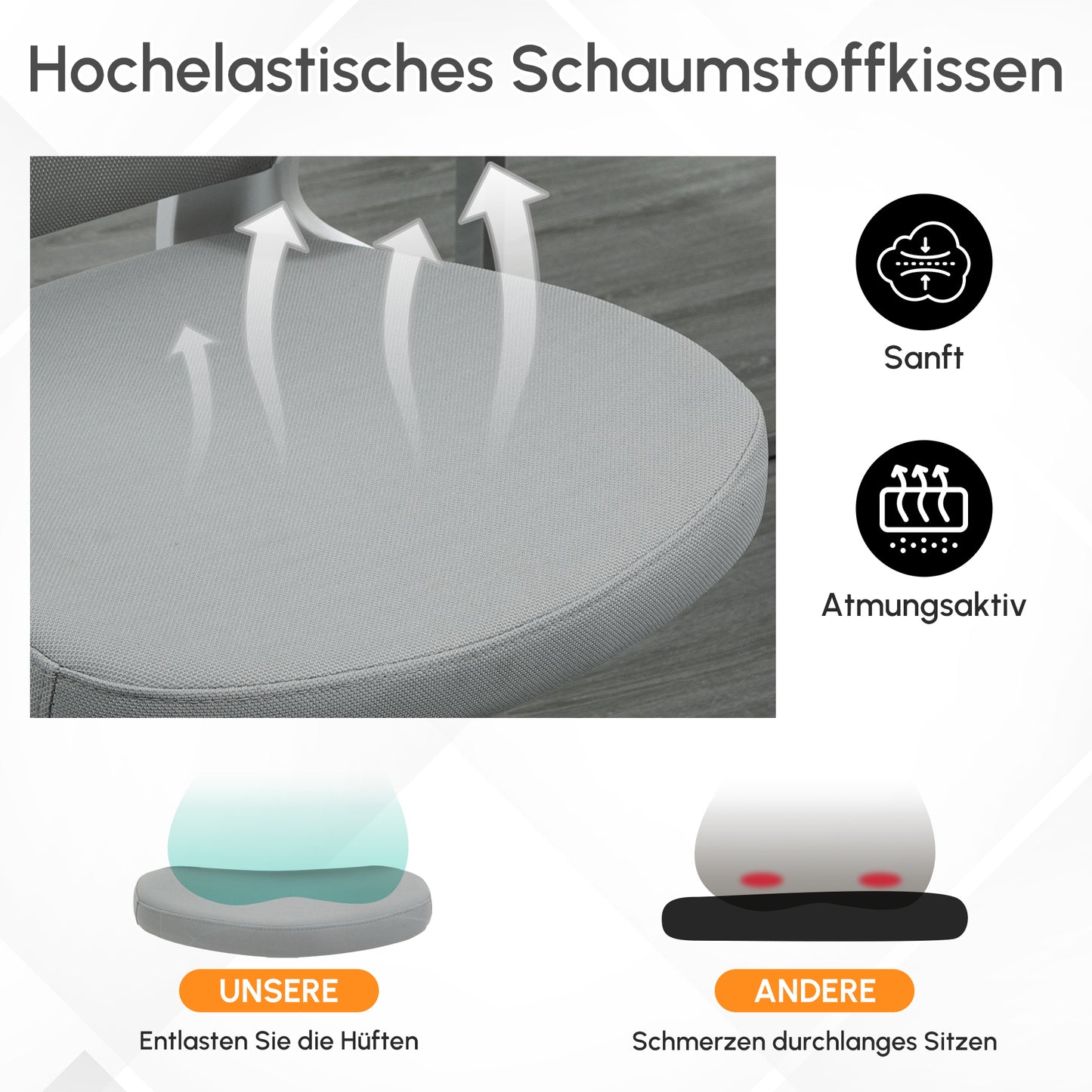 Vinsetto Bürostuhl ergonomischer Shreibtischstuhl mit Wippfunktion hoher Rückenlehne Lendenwirbelstütze Kopfstütze hochklappbarem Arm Home-Office Grau 65 x 64 x 114-122 cm