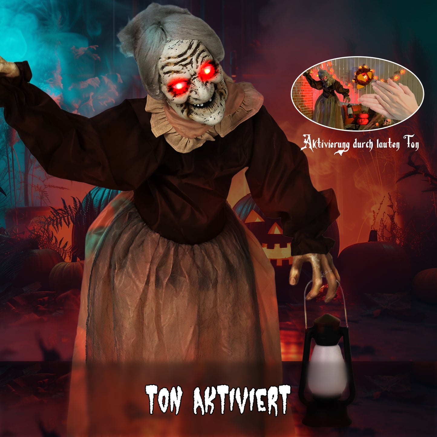 Outsunny 150 cm Halloween Dekoration Halloween Hexe mit LED-Lichter, Soundfunktion verstellbare Arme, Kopf