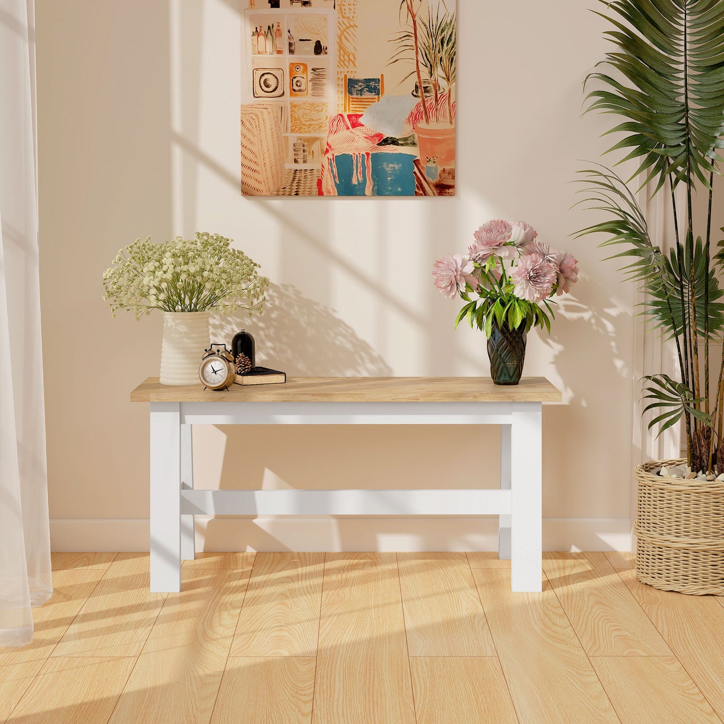 HOMCOM Sitzbank für 2, Holzbank in Eichenoptik, stabilisierende Querstange, für Wohnzimmer, Esszimmer, Flur, Kautschukholz, Weiß