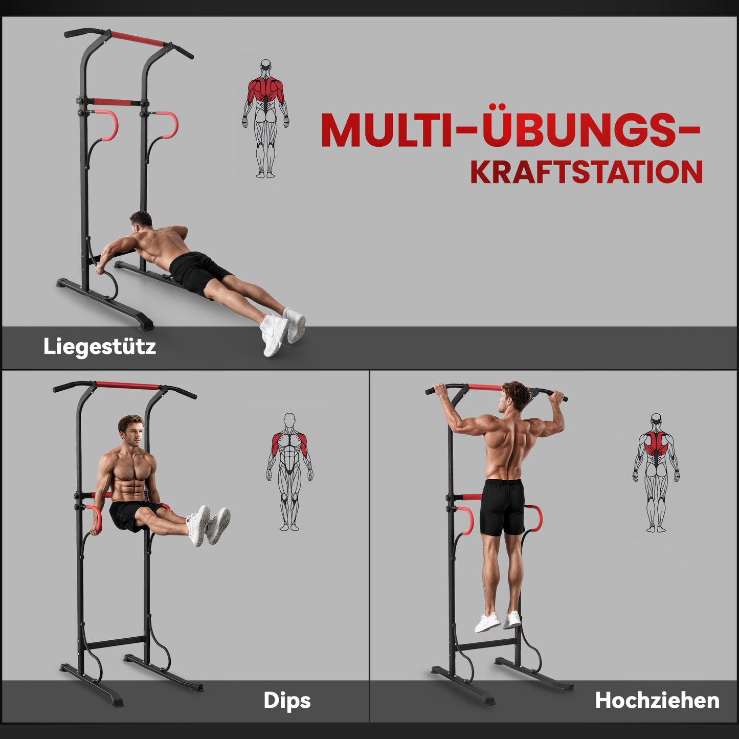 HOMCOM Power Tower höhenverstellbar Dip Station mit Klimmzugstange, Saugnäpfe Kraftstation für Zuhause