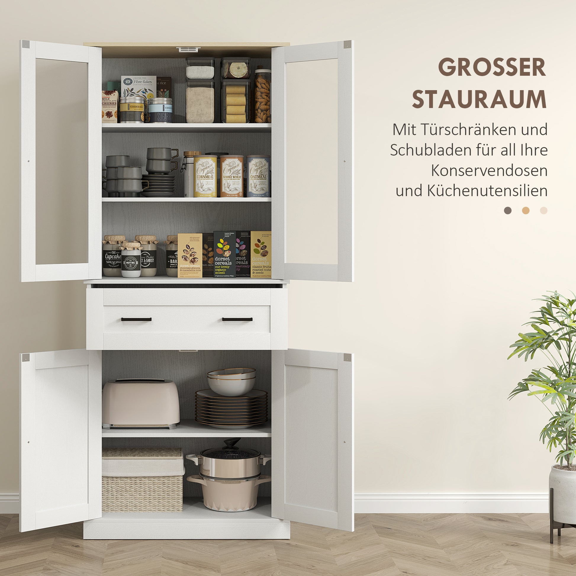 HOMCOM Küchenschrank, Buffet, Acrylfront, Schubladen, 76 x 40 x 182,5 cm, Cremeweiß