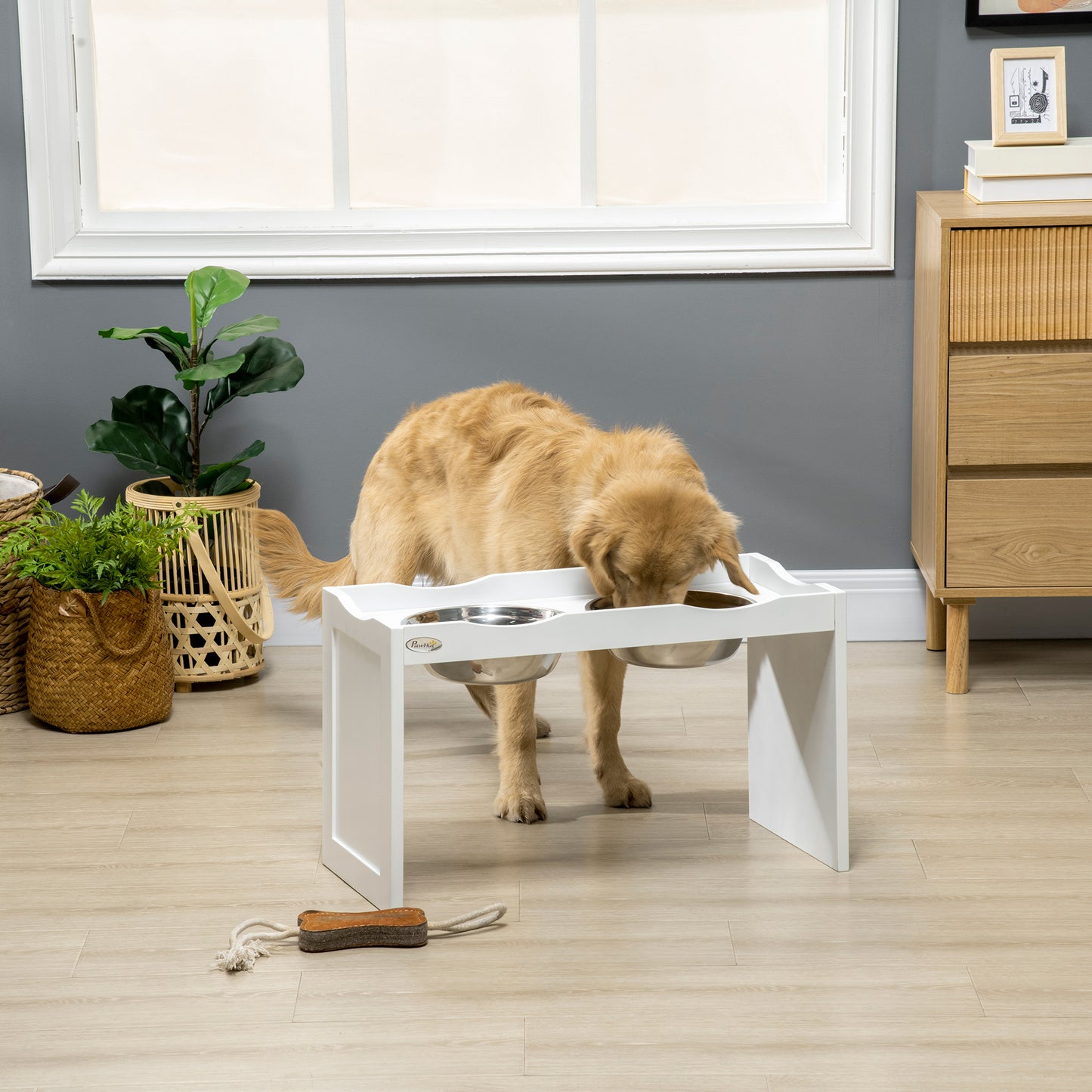 PawHut Futterstation, Napfständer, 2 Fressnäpfe je 2 Liter, Edelstahl, für große Hunde, weiß, 63 x 30 x 24cm