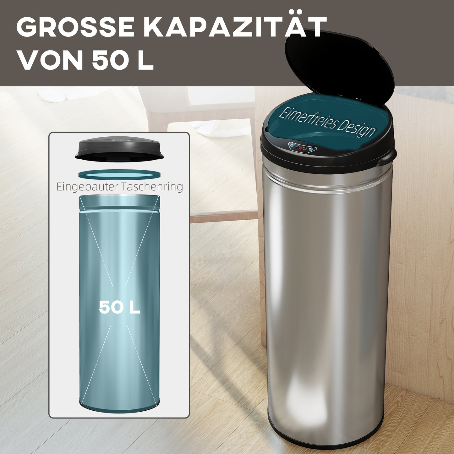 HOMCOM 50 Liter Sensor-Mülleimer mit Soft-Close-Funktion, berührungsfreier Abfalleimer aus Edelstahl für hygienische Küchen, Büros, Silberfarben