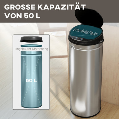 HOMCOM 50 Liter Sensor-Mülleimer mit Soft-Close-Funktion, berührungsfreier Abfalleimer aus Edelstahl für hygienische Küchen, Büros, Silberfarben