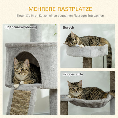 Pawhut Kratzbaum inkl. Katzenhöhle, Katzenbett, Katzenhängematte und Spielzeug 60 cm x 40 cm x 113 cm, Hellgrau