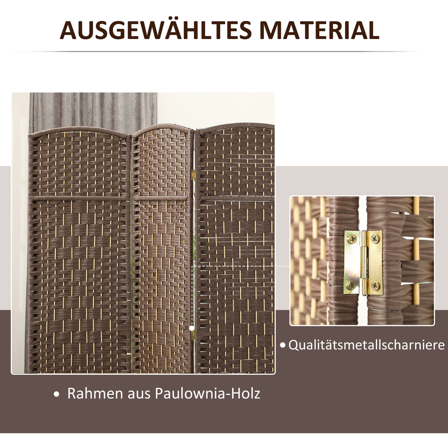 HOMCOM Raumteiler, 3-teilig faltbare Trennwand, Geflechtmuster, Kiefernholz, Braun