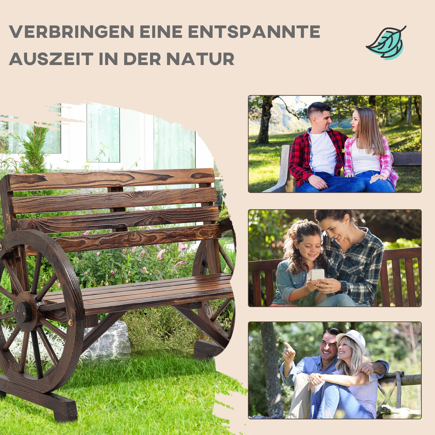 Outsunny Gartenbank, Wagenrad-Design, für 2 Personen, Naturholz, dunkelbraun, 105,5 x 56 x 79cm