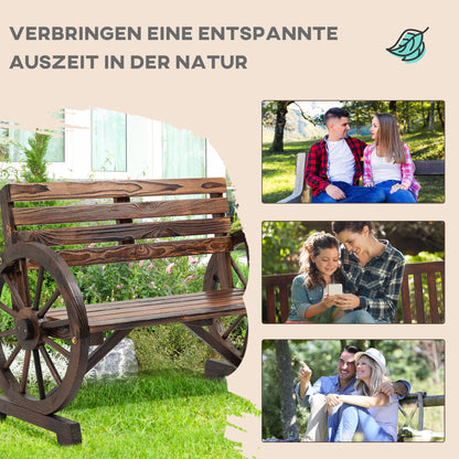 Outsunny Gartenbank, Wagenrad-Design, für 2 Personen, Naturholz, dunkelbraun, 105,5 x 56 x 79cm