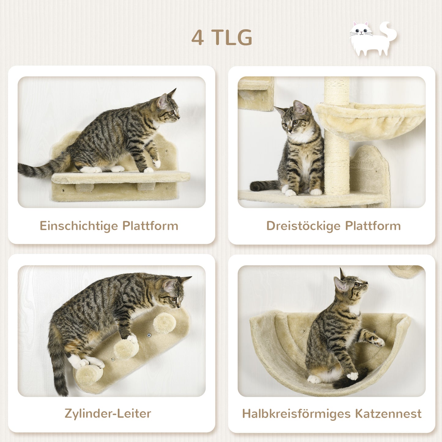 PawHut Kletterwand-Set för Katzen, 4-teilig, mit Katzentreppe, Hängematte, Plattform och Kratzbaum, Beige