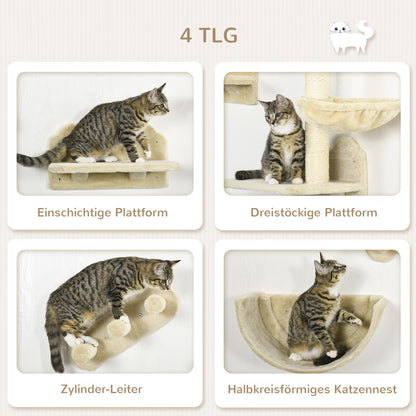 PawHut Kletterwand-Set för Katzen, 4-teilig, mit Katzentreppe, Hängematte, Plattform och Kratzbaum, Beige