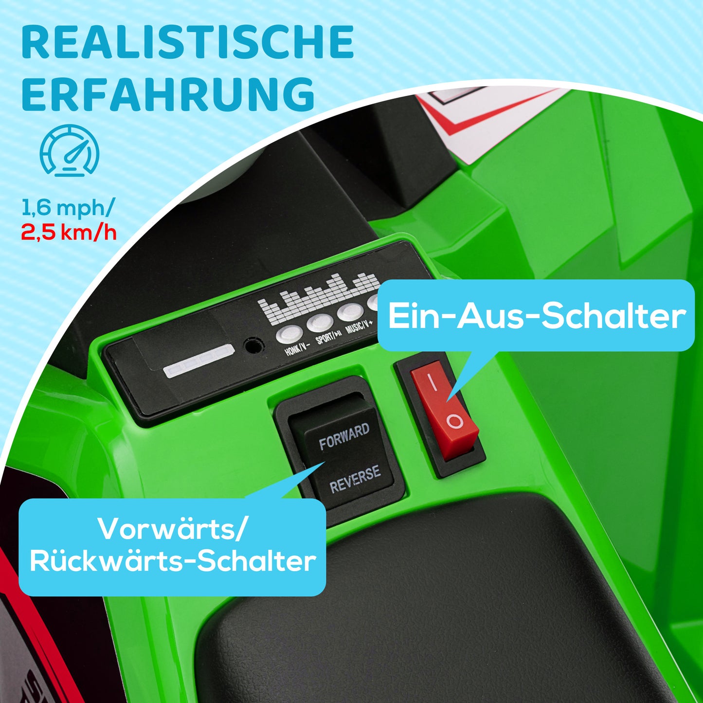HOMCOM Elektro-Kinderquad, 2,5 km/h, Vorwärts- & Rückwärtsgang, für 18-36 Monate, Grün