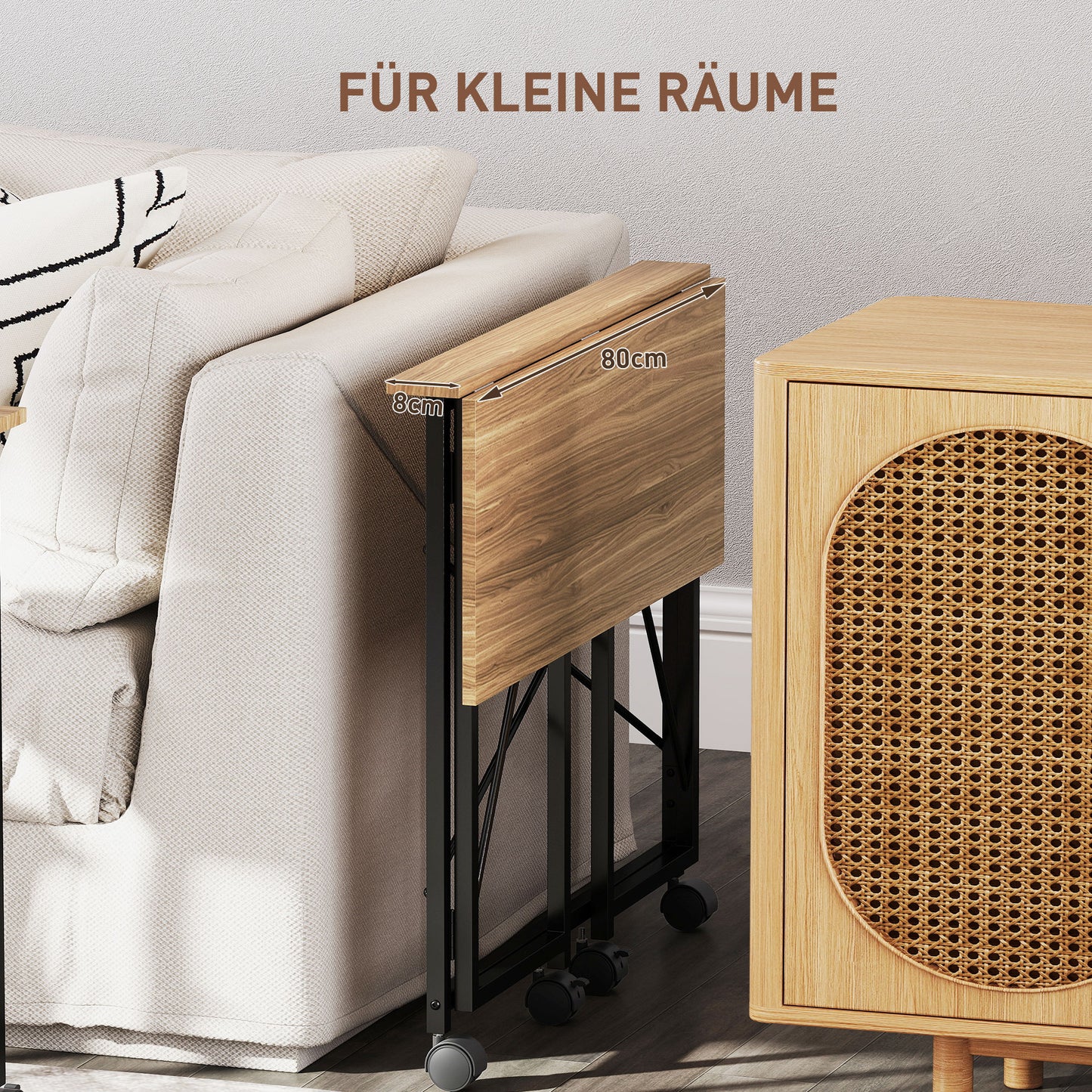 HOMCOM Klappbarer Schreibtisch mit Rädern, platzsparend, Stahl, MDF, Eiche