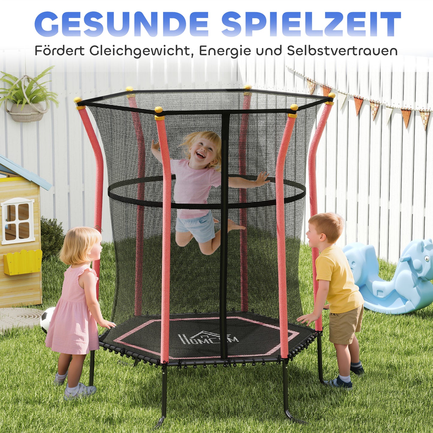 HOMCOM Trampolin für Kinder, Ø163,5 cm, mit Sicherheitsnetz, gepolstert, Stahl, belastbar bis 50 kg, Schwarz & Rot