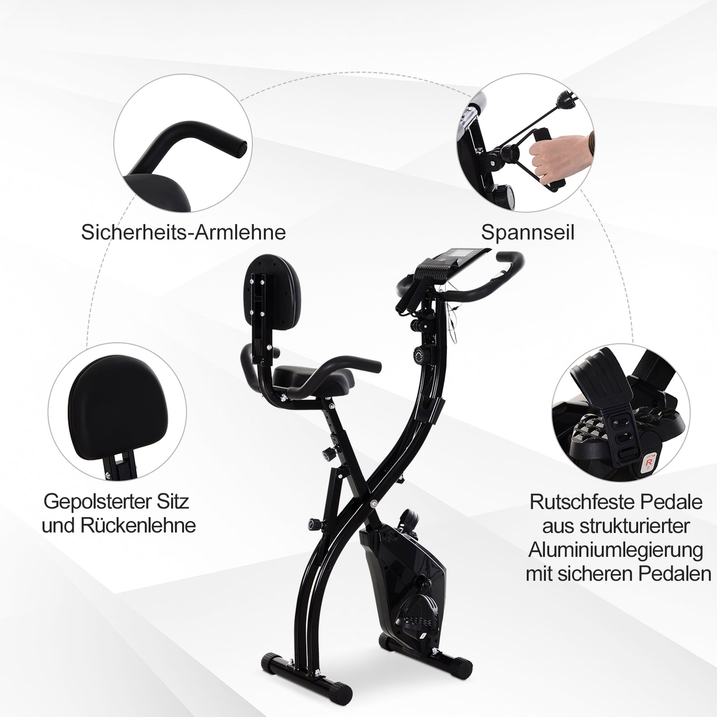 HOMCOM Heimtrainer X-Bike 2-in-1 Fahrradtrainer mit LCD-Display,Pulsmesser, klappbarer Hometrainer Trimmrad mit 8 stufig Magnetwiderstand, 1 Paar Spannseil, Stahl Schwarz 105x48x118 cm