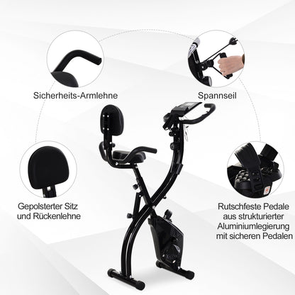 HOMCOM Heimtrainer X-Bike 2-in-1 Fahrradtrainer mit LCD-Display,Pulsmesser, klappbarer Hometrainer Trimmrad mit 8 stufig Magnetwiderstand, 1 Paar Spannseil, Stahl Schwarz 105x48x118 cm