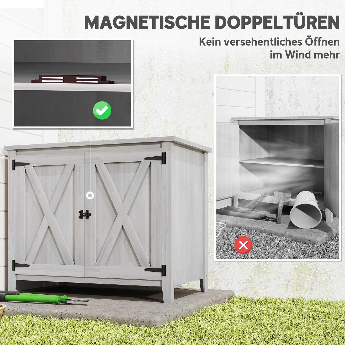 Outsunny Gartenschrank, Holzschrank für Gartengeräte, Outdoor-Schrank für Terrasse, mit Doppeltüren, Scheunendesign, Hellgrau