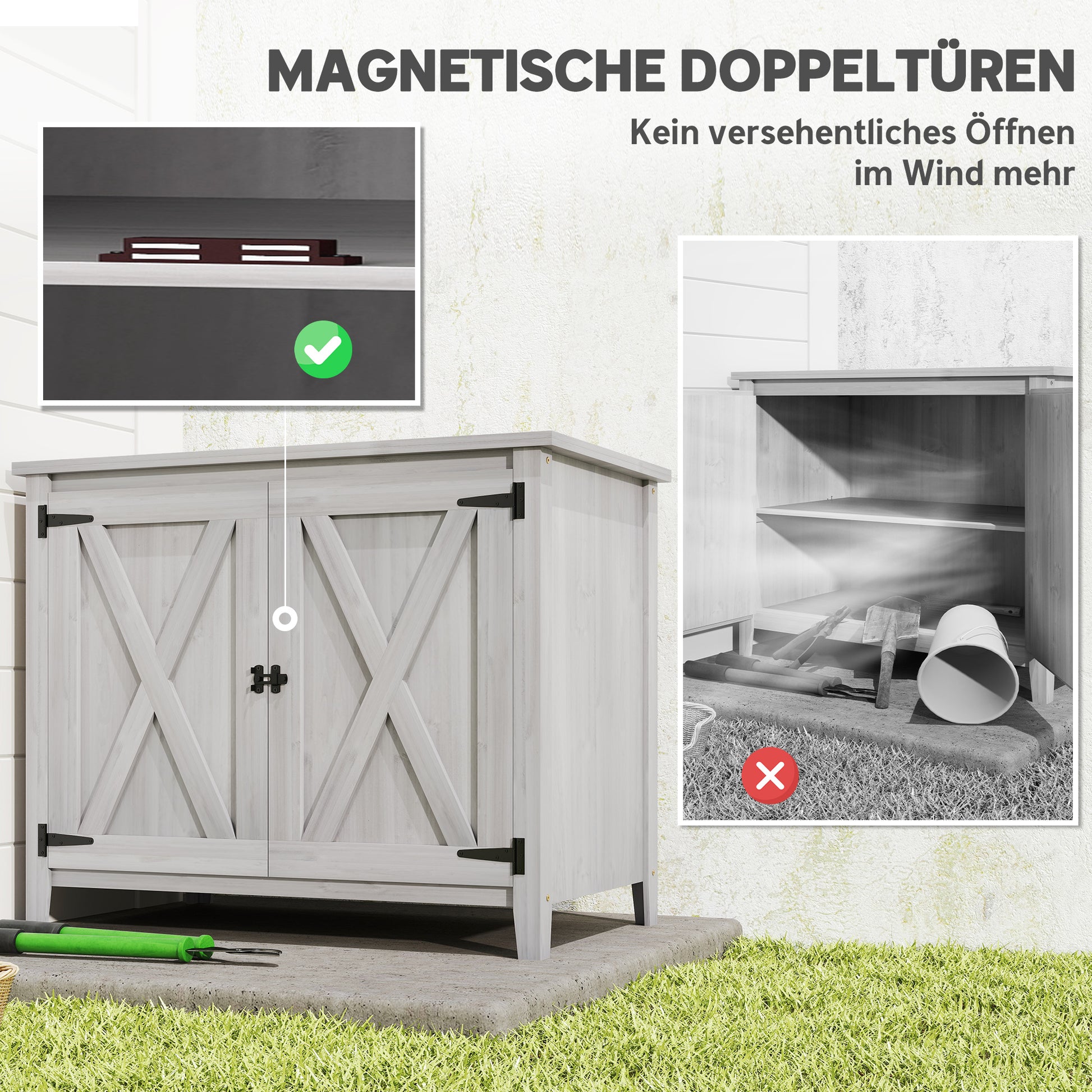 Outsunny Gartenschrank, Holzschrank für Gartengeräte, Outdoor-Schrank für Terrasse, mit Doppeltüren, Scheunendesign, Hellgrau