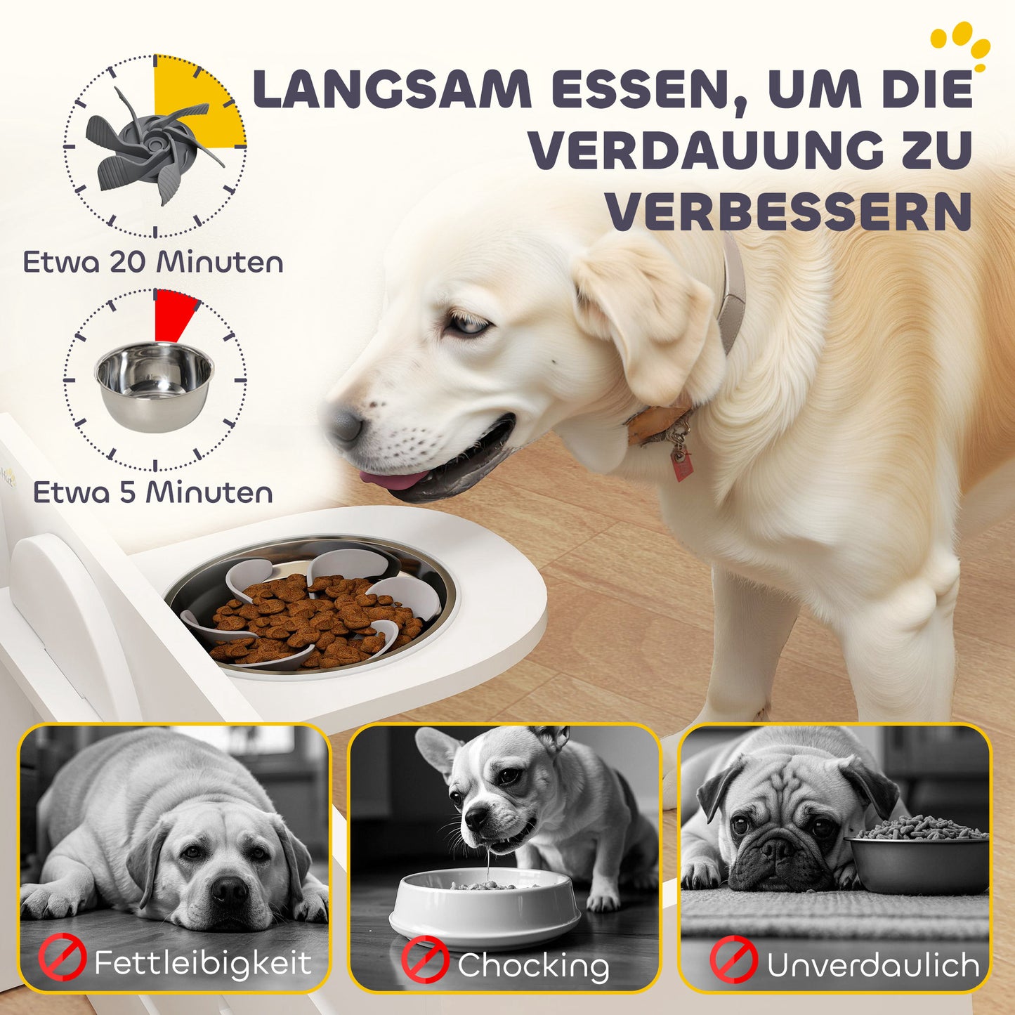 PawHut Hundefutternapf-Gestell, verstellbar Futternäpfe med separat design, 2 Edelstahlschüsseln, Anti-Schling-Matte, Weiß
