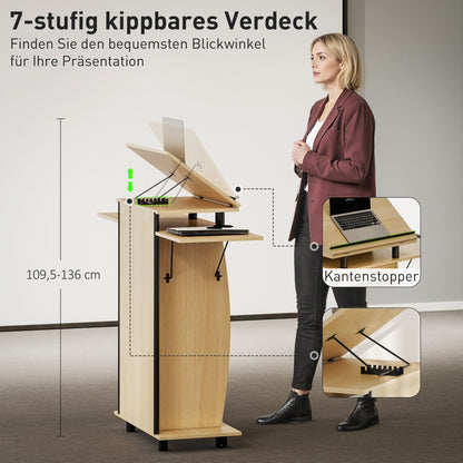 HOMCOM Rollbarer Podiumsständer, Redepult mit klappbaren Seitenflügeln, Laptop-Tisch mit Schublade und Regalen, Eichenoptik