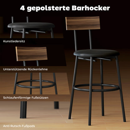 HOMCOM 5-teiliges Bartisch-Set mit 4 Stühlen, Industrielles Design, für Küche, Esszimmer, Holz, Stahl, Braun