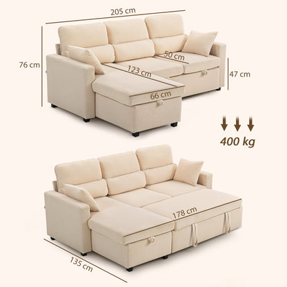 HOMCOM Verstellbares Bettsofa, L-förmiges Gästesofa mit Bettfunktion, Stauraum, Kissen, für Wohnzimmer, Gästezimmer, Beige