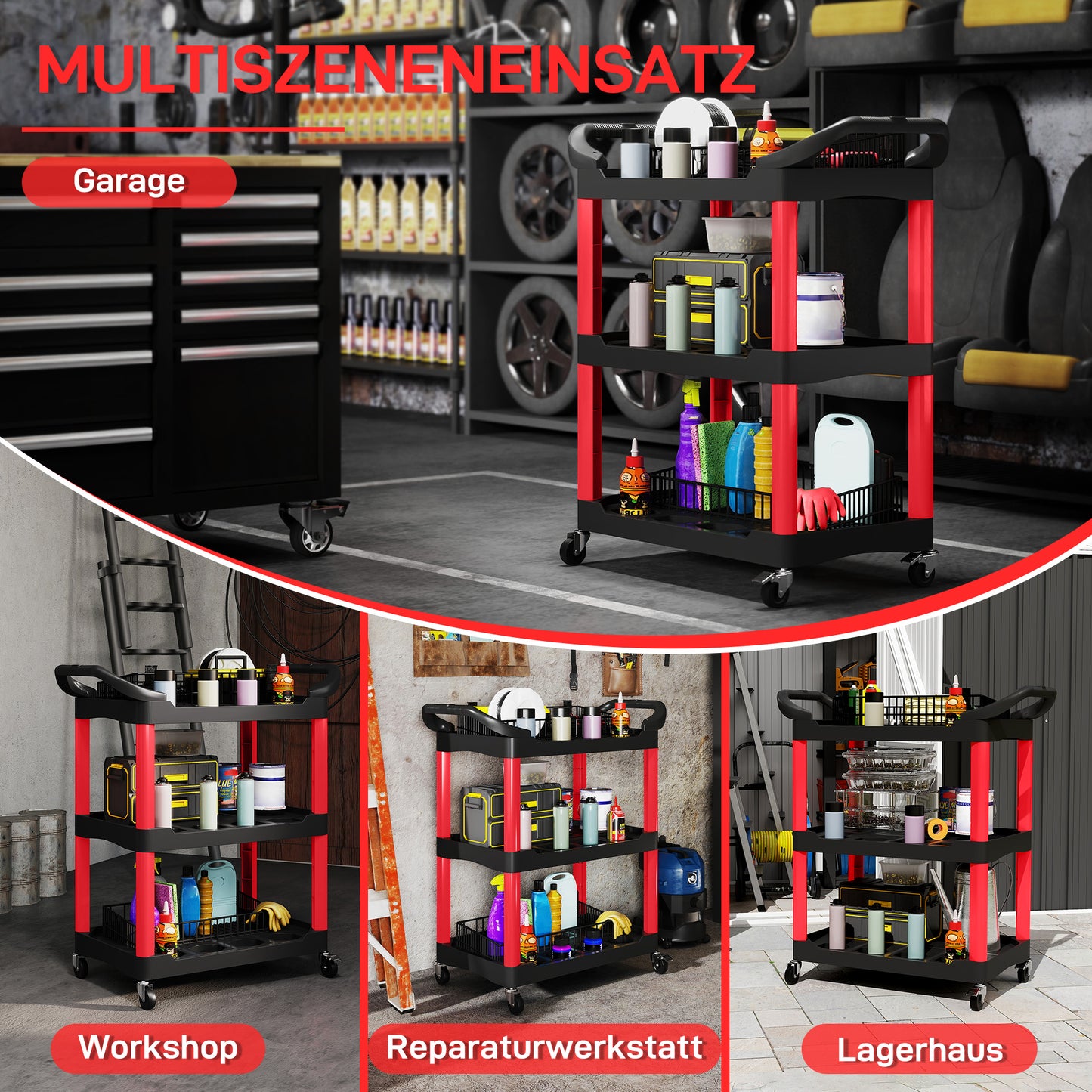 HOMCOM Werkzeugwagen mit 3 Ebenen, seitliche Griffe, Räder, Kunststoff, Rot