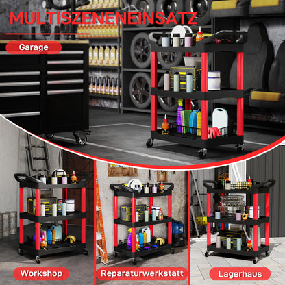 HOMCOM Werkzeugwagen mit 3 Ebenen, seitliche Griffe, Räder, Kunststoff, Rot