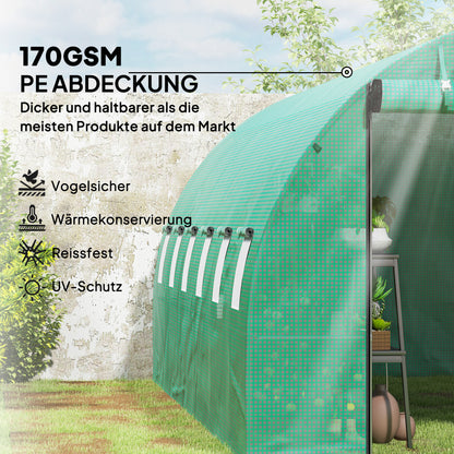 Outsunny Polytunnel Gewächshaus mit Kunststoff-Abdeckung und Stahlrahmen, begehbares Gewächshauszelt mit Rolltüren, Grün