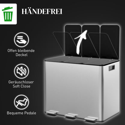 HOMCOM Mülleimer mit 3 x 20 L Fächern, Deodorant-Deckel, fingerabdrucksicher, Soft-Close, herausnehmbar, Silber
