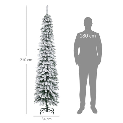 HOMCOM Künstlicher Weihnachtsbaum, schneebedeckt, schmales Design, feuerfest, 210 cm, Grün/Weiß